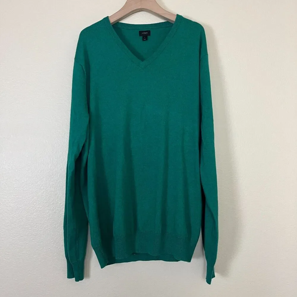 J.Crew Men Size L Cotton Cashmere Kelly Green V-Neck Sweatshirt Casual Minimal